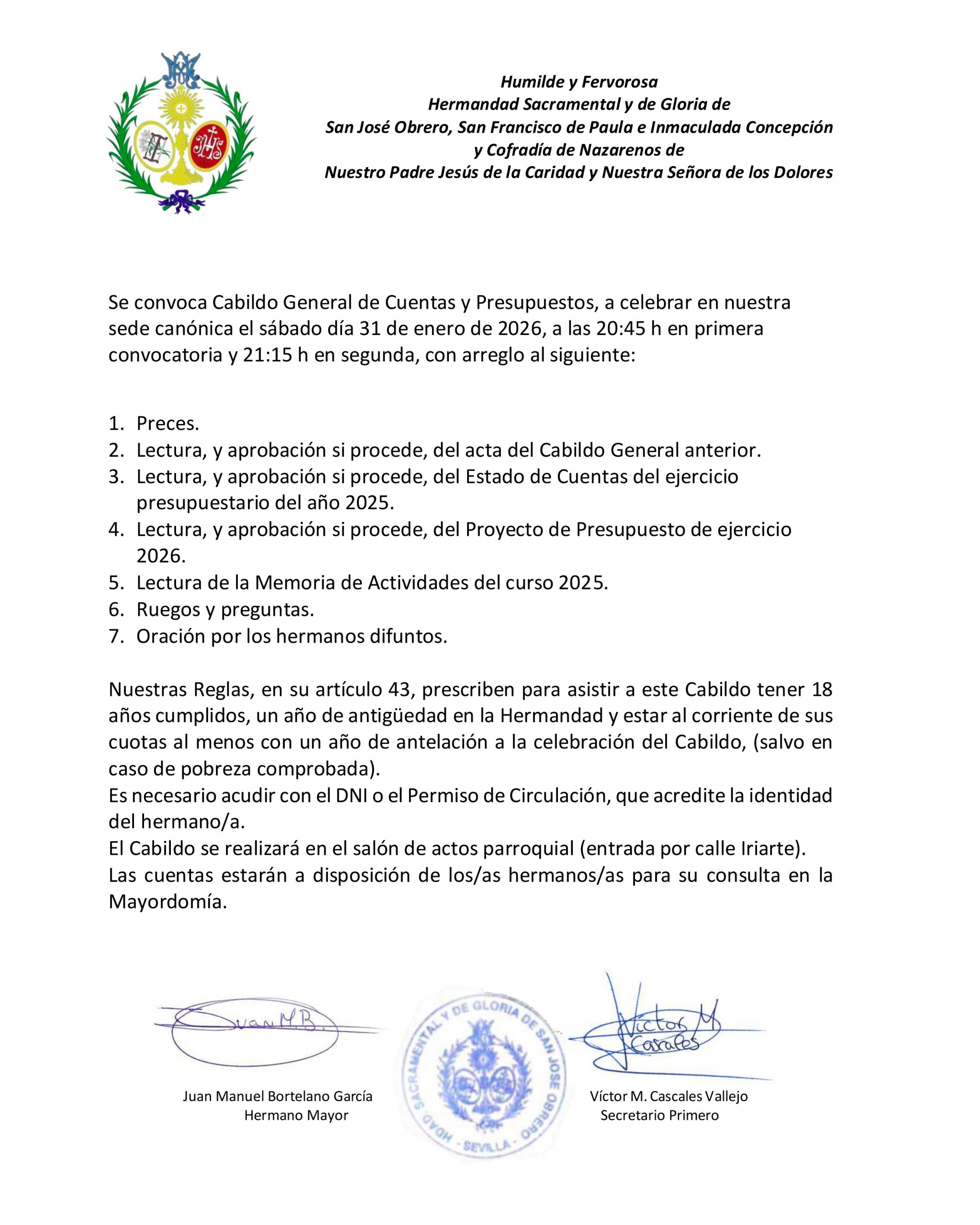 CABILDO GENERAL DE CUENTAS Y PRESUPUESTOS HERMANDAD