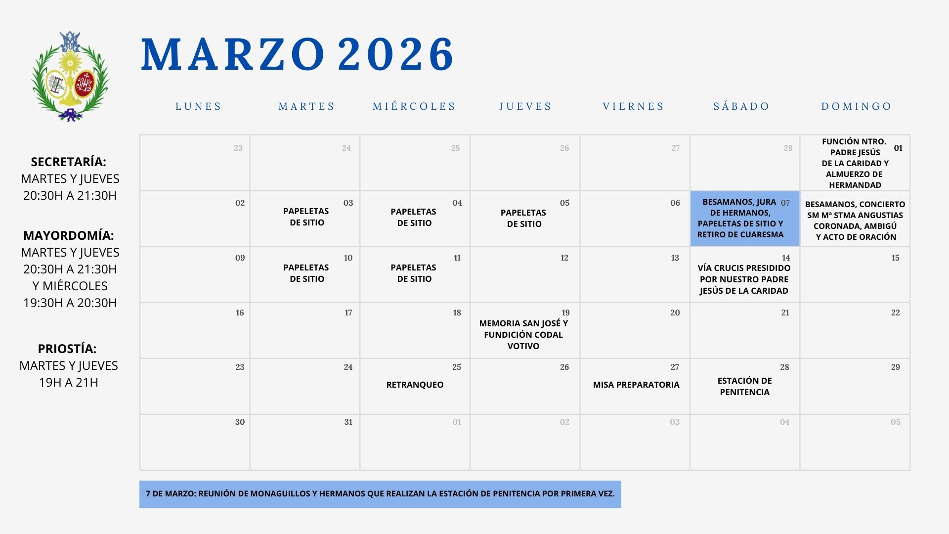 AGENDA MES DE MARZO CULTOS
