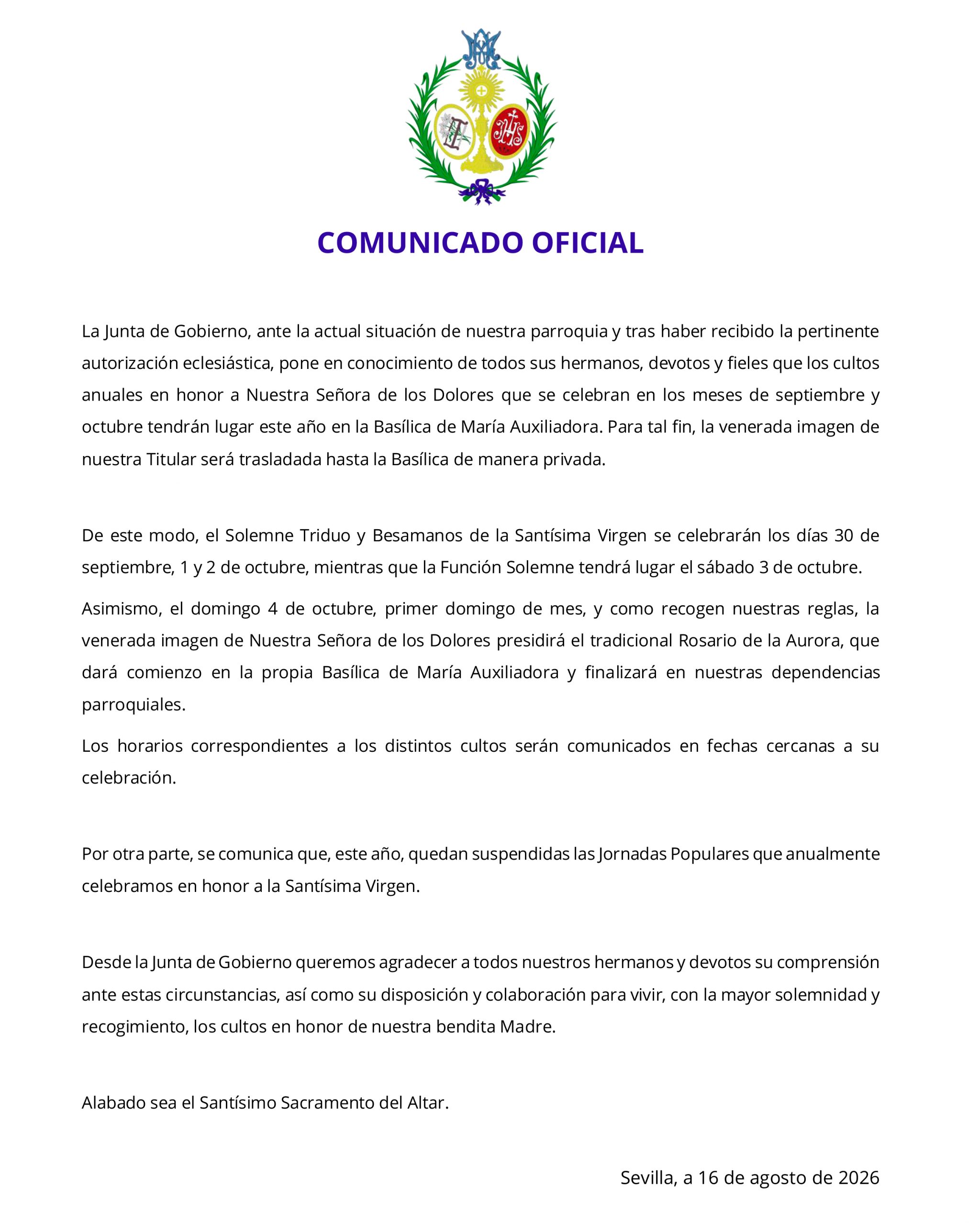 COMUNICADO OFICIAL CULTOS